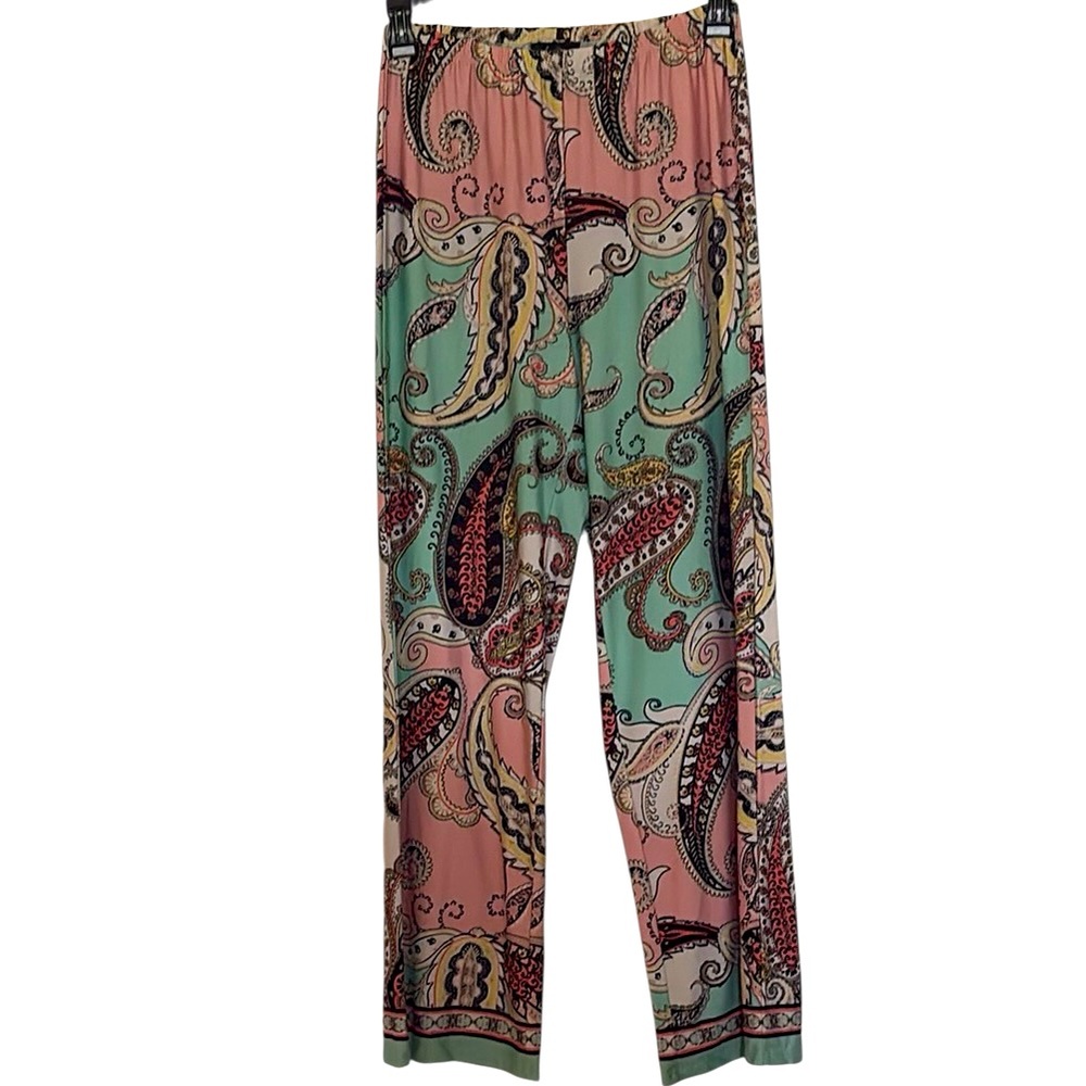 Melissa Paige wide leg/palazzo style pants, paisley print, pink/teal/ white, L